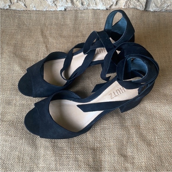 SCHUTZ Kelma Black Suede Leather Ankle Tie Wrap Block Heel Sandals Size 6 1/2 B - Picture 3 of 11